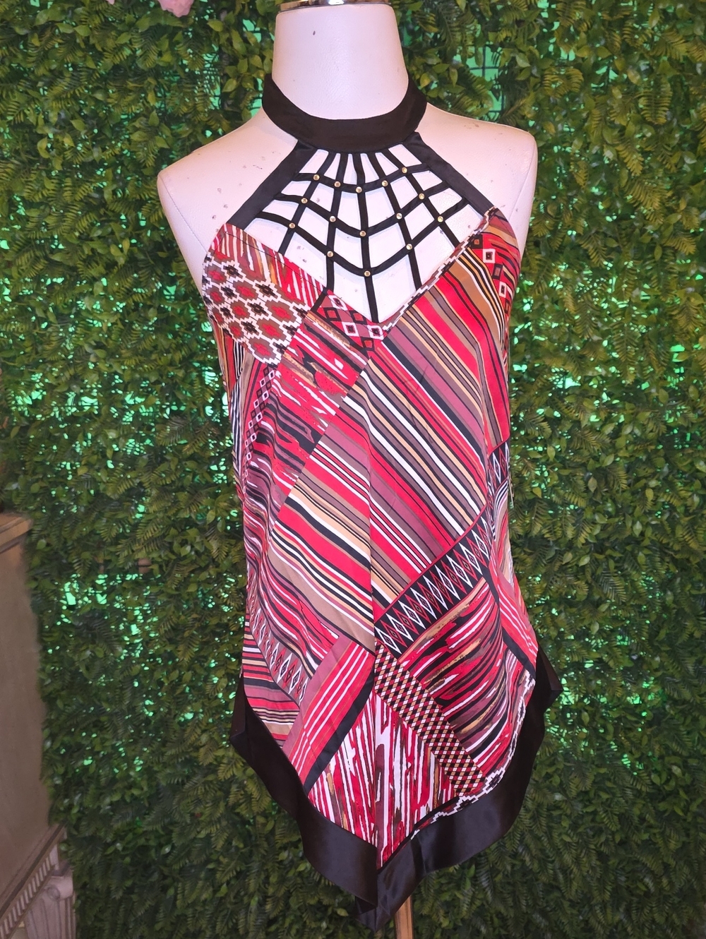 XOXO Red Multicolor Geometric Halter Cami with Black Web Neck